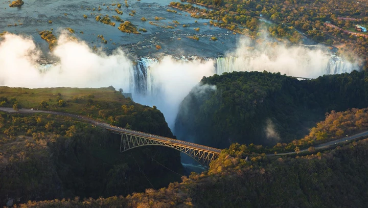 An aerial view of the breathtaking Mosi-oa-tunya waterfall, Lower Zambezi 