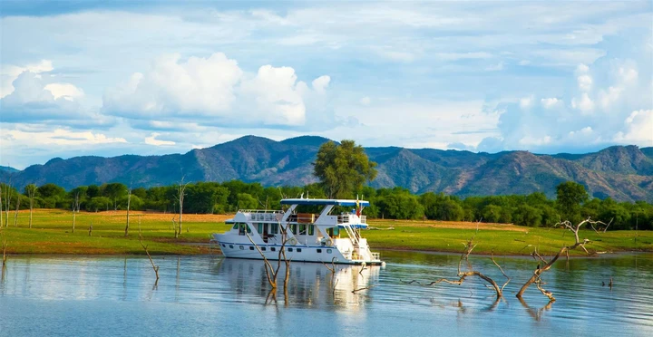 House boat floating on Lake Kariba in Zimbabwe